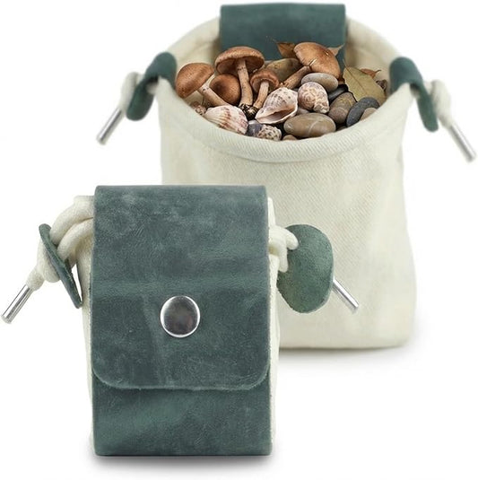 Toprank Leather Foraging Pouch – Collapsible Canvas and Leather Belt Bag for Hiking, Mushroom, Rock & Shell Collecting (Green/Off-White)