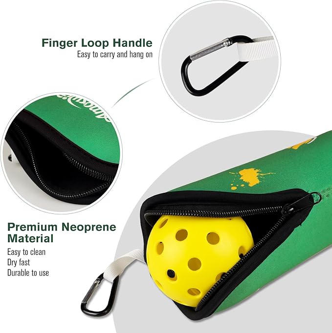 Pickleball Ball Holder - 1 Pc Pickle Ball Storage Bag, Portable Tennis Pouch with Hook for Fence, Premium Neoprene Material Bottle Holder, Pickleball Accessory Black Red Green Yellow Color