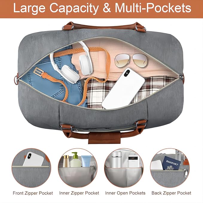 Weekender Bag for Women, Travel Duffel Bag Carry On Overnight Bag with Shoe Compartment Large Nylon Travel Weekend Tote Bag