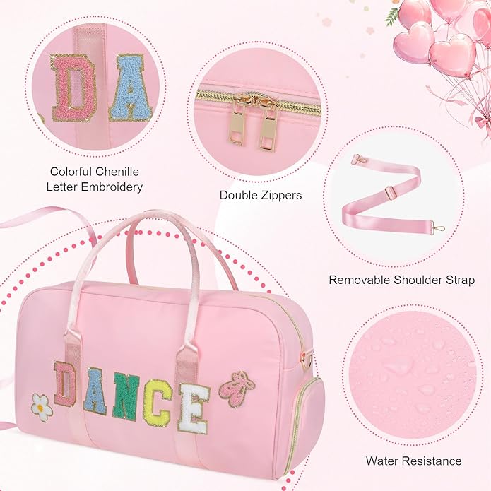 Dance Bag for Girls 2PCS Ballet Cheer Bag with Shoes Compartment Chenille Letter Embroidery for Dancer Travel Overnight bag