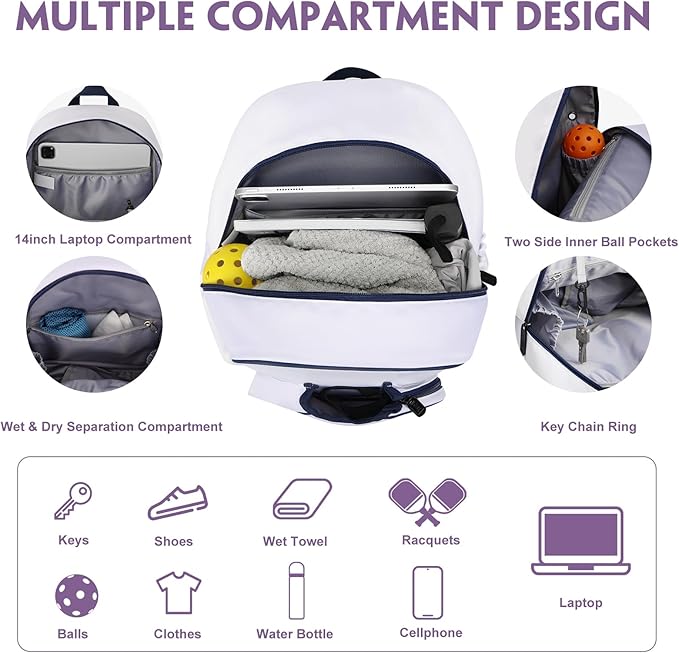 Pickleball Backpack, 30L Pickleball Bag Waterproof Large 3-Racket Tennis Sports Bag with Shoe Compartment & Insulated Pocket, Paddle Holder, Premium Sturdy Durable Bag for Men & Women (White)
