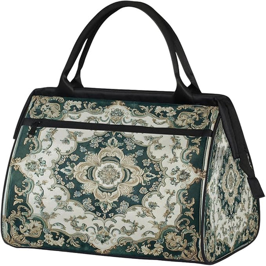 Travel Duffle Bag, Ethnic Mandala Greeen Flower Overnight Weekender Tote Bag for Women Men Waterproof Carry On Luggage with Zipper Lightweight Sport Gym Bag for Traveling Yoga Camping Traveling Gifts