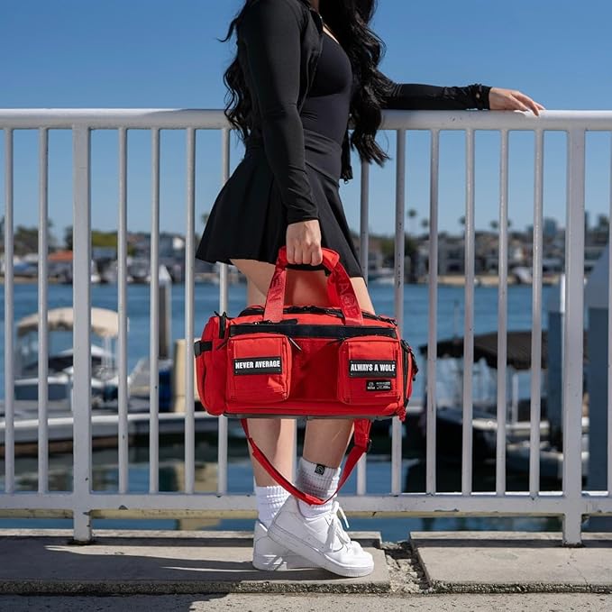 WOLFpak 20L Mini Duffle Bag for Gym & Travel | Waterproof Carry-On Weekender Bag with Shoe Compartment, Hard Bottom, and Tactical Molle System (Elite Red)