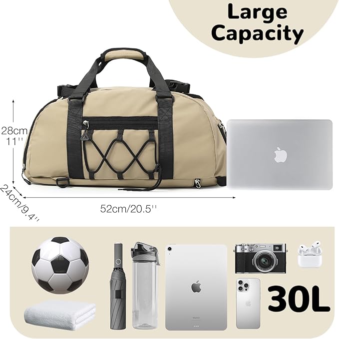 30L Gym Duffel Bag with Shoe Compartment for Men Women, Weekender Bags with Wet Pocket, Khaki