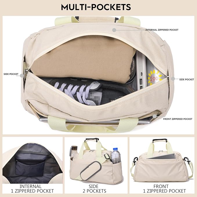 14 inch Small Gym Bag for Women & Men, Mini Duffel Bag for Travel Sports Lightweight Carry On Bag (Beige)