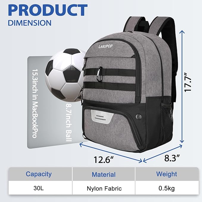 LARIPOP Soccer Backpack,Soccer Bag with Ball Holder and Shoe Compartment,Sports Equipment Training Bags Fits Basketball