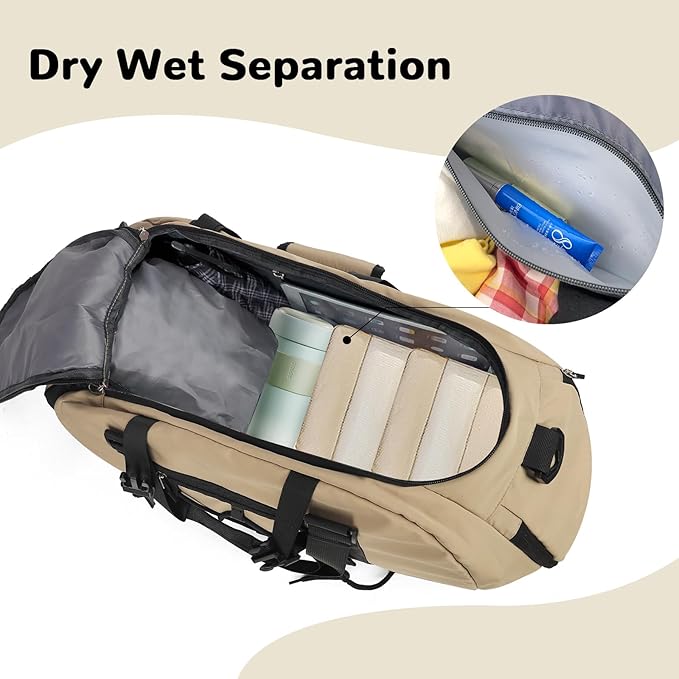 30L Gym Duffel Bag with Shoe Compartment for Men Women, Weekender Bags with Wet Pocket, Khaki