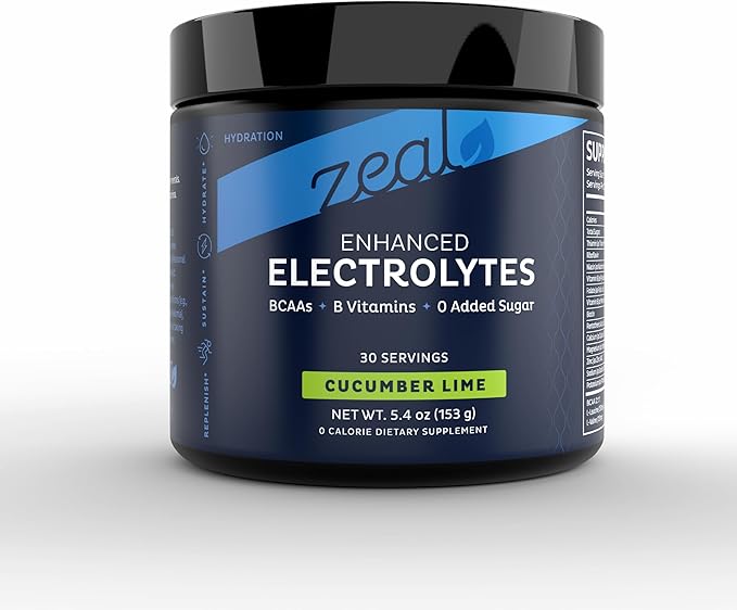 Zeal Electrolyte Powder - 30 Servings | Keto Electrolytes Powder | Zero Sugar, BCAAs, B-Vitamins | Potassium, Zinc, Magnesium | Hydration Powder Recovery Drink | Cucumber Lime