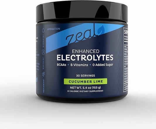 Zeal Electrolyte Powder - 30 Servings | Keto Electrolytes Powder | Zero Sugar, BCAAs, B-Vitamins | Potassium, Zinc, Magnesium | Hydration Powder Recovery Drink | Cucumber Lime