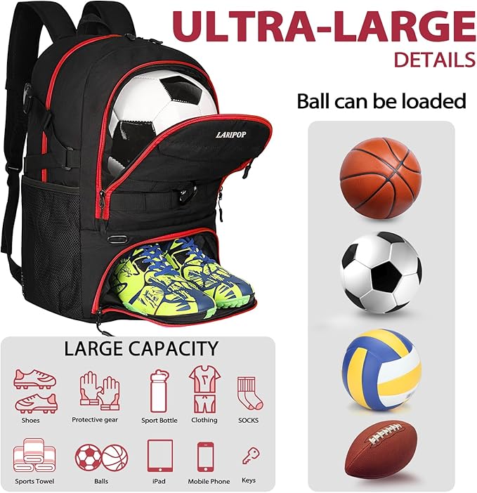 LARIPOP Soccer Backpack,Soccer Bag with Ball Holder and Shoe Compartment,Sports Equipment Training Bags Fits Basketball