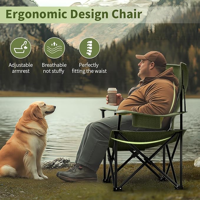 Heavy Duty Folding Chair 500LB Capacity, Oversized Camping Chairs with Cup Holder, Cooler Bag & Storage Pouch, Double-Layer Fabric, Outdoor Chairs for Sports, Lawn Chairs (2, Black Green, Oversized)