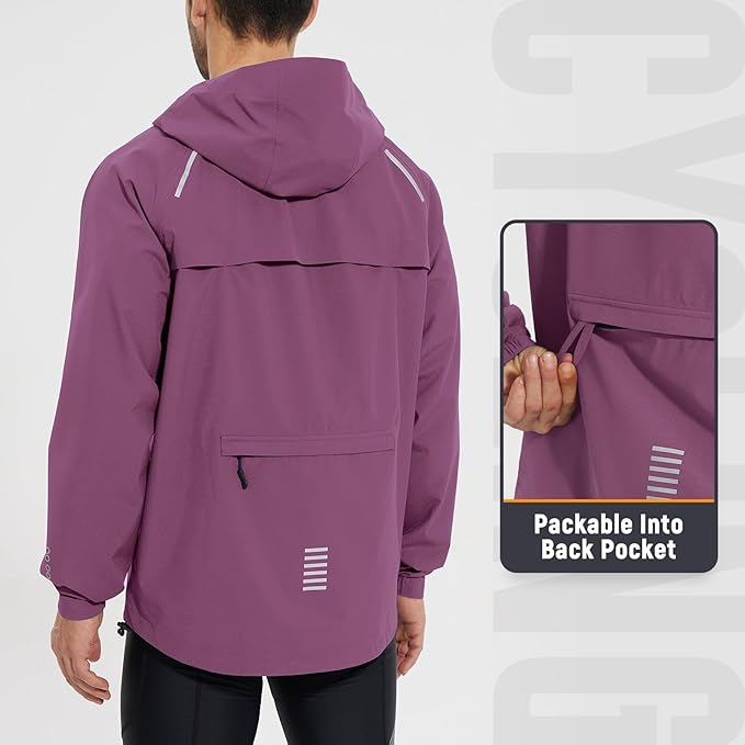 baleaf Men's Rain Jacket Waterproof Windbreaker Raincoat Running Cycling Hiking Gear Hood Lightweight Reflective Packable