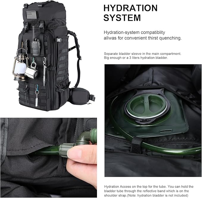 Zsearaymy 75L Hiking MOLLE Backpack with Internal Frame & Rain Cover for Tactical, Camping, Backpacking, Survival Travel (Black)