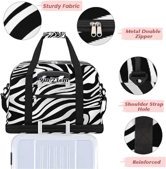 Black And White Zebra Stripes Travel Duffle Bags With Shoes Compartment for Women Men Weekender Overnight Bag Foldable Sports Tote Gym Carry On Luggage Handlebag for Travel Yoga Hospital Workout