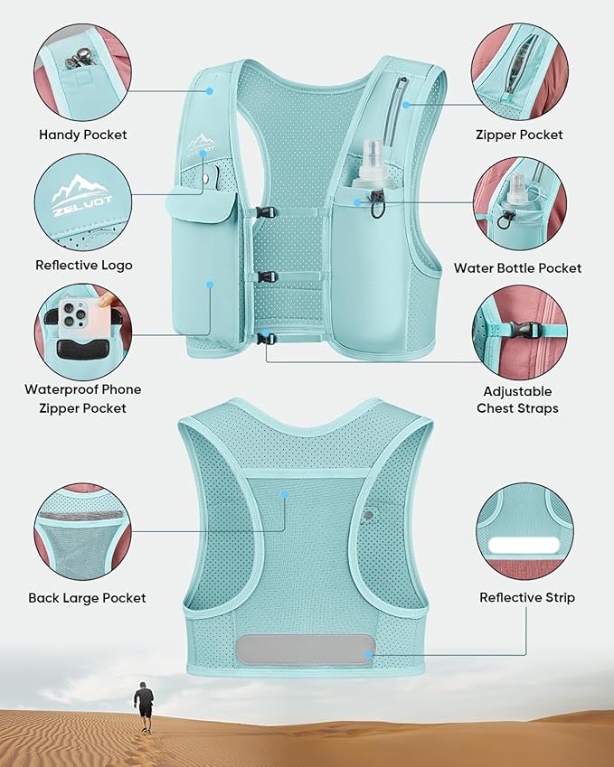 Zelvot Running Vest for Women Men, USA Original Patent, Adjustable Chest Straps Running Hydration Vest with 500ml Soft Flask, Lightweight Reflective Hydration Backpack for Marathon