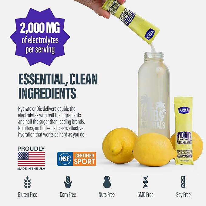 BUBS Naturals - Hydrate or Die Electrolytes Powder Packets for Fast Absorption | Premium 2000mg Electrolyte Powder | for Sports, Recovery & Well-Being (Natural Lemon Flavor, 20 Sticks)