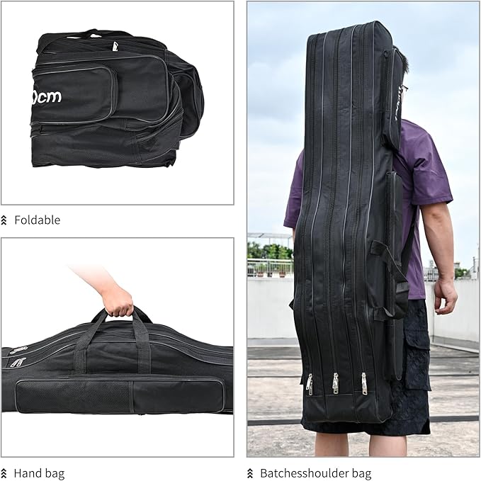 3 Layers Fishing Pole Bag,Portable 3 Layers Oxford Folding Rod Carry Case,Fishing Reel Tackle Storage Bag Case