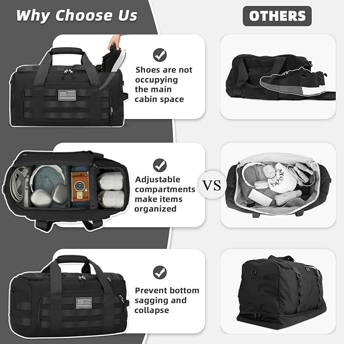 ZOMFELT Tactical Gym Bags for Men, Carry On Luggage 22x14x9 Airline Approved, 45L Duffle Bag with Removable Dividers & Innovative Shoe Compartment, Travel Duffel Gym Backpack, Black