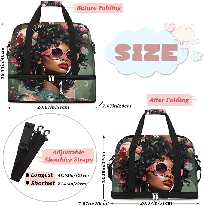 Travel Duffle Bags With Shoes Compartment for Women Men African Women Lightweigh Sports Tote Gym Bag Fashion Foldable Canvas Weekender Overnight Carry On Luggage Handle Bag