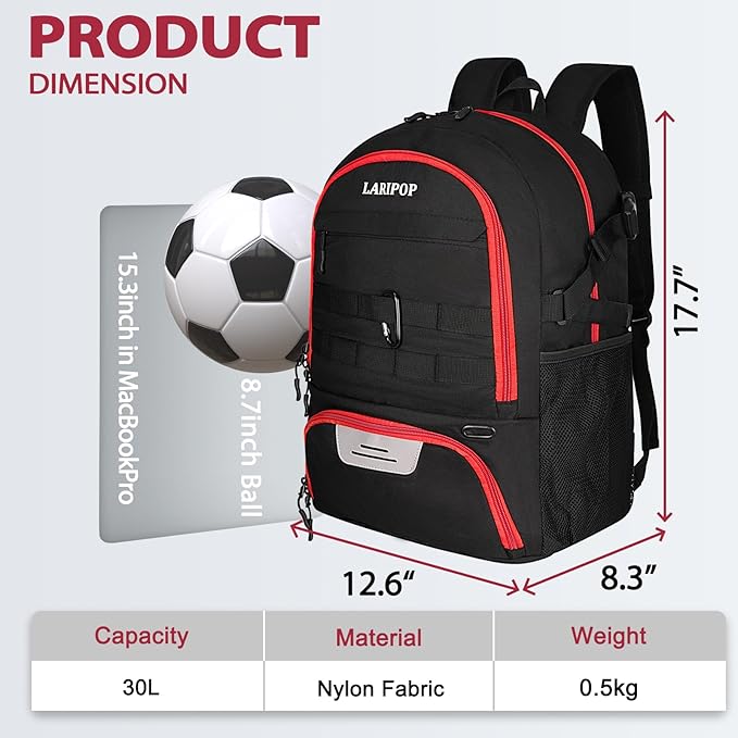 LARIPOP Soccer Backpack,Soccer Bag with Ball Holder and Shoe Compartment,Sports Equipment Training Bags Fits Basketball