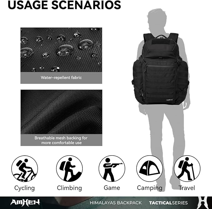 AMHEH 52L Tactical Backpack Military Molle Assault Pack - 3 Day Bugout Survival Rucksack, Hydration Compatible, Black