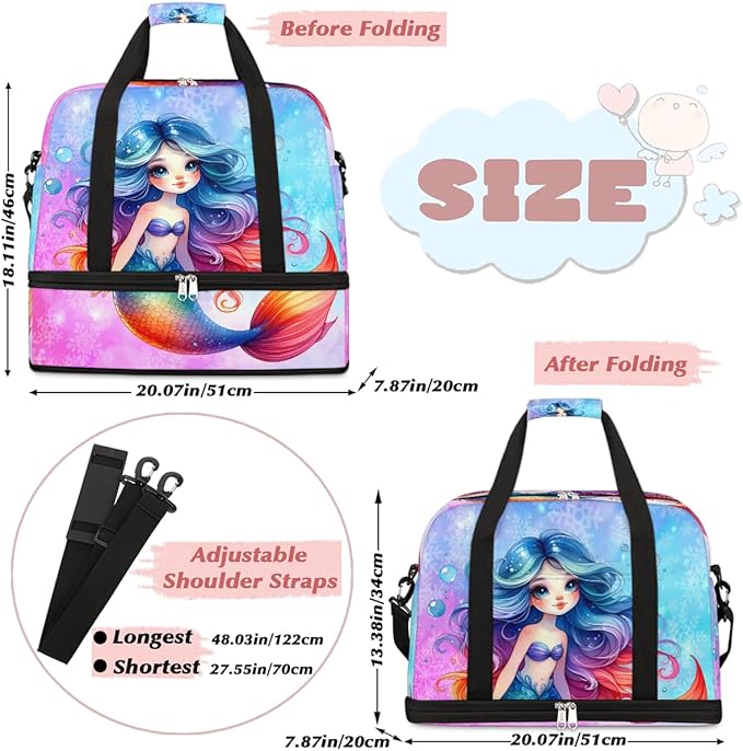 Cute Mermaid Girls Rainbow Travel Duffle Bags With Shoes Compartment for Women Men Weekender Overnight Bag Foldable Sports Tote Gym Carry On Luggage Handlebag for Travel Yoga Hospital Workout