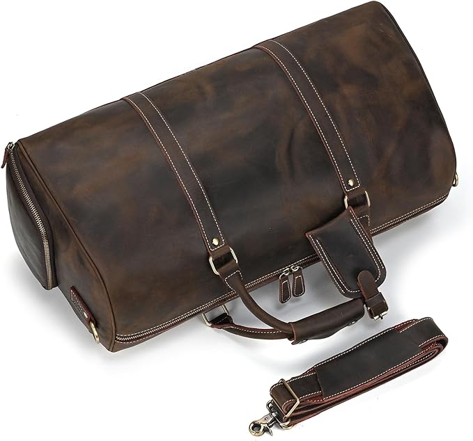 Leather Duffel Bags for Men and Women, 20 Inch Full Grain Leather Travel Overnight Weekend Bags, Dark Brown