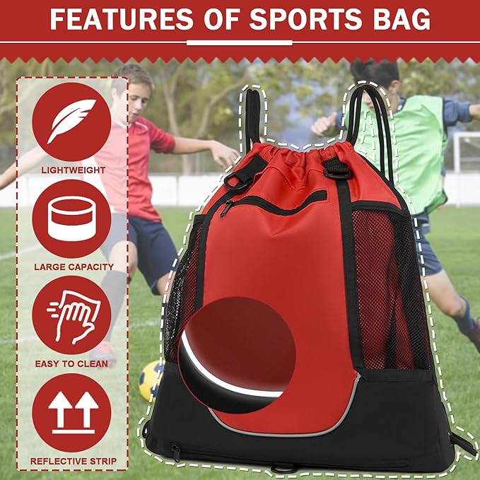 KAEGREEL Drawstring Soccer Bag Basketball Backpack for Kids Teens, Foldable Sports Bags Detachable Ball Mesh Bag for Gym Yoga Football Baseball