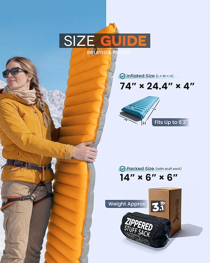 ZOOOBELIVES Inflatable Camping Sleeping Pad, 4-Inch Thick Full Air Support, No Bottoming Out for Side Sleepers, Camping & Backpacking Mattress with Built-in Foot Pump, Durable & Compact – Airlive2000
