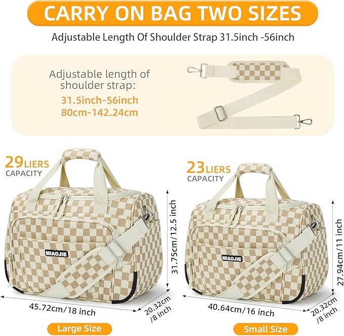 Underseat Carry On Luggage Lightweight Travel Tote Weekender Bag Overnight Duffle Bag for Travel, Travel Essentials Personal Item Travel Bag for Women, Corduroy Khaki Grid-16Inch