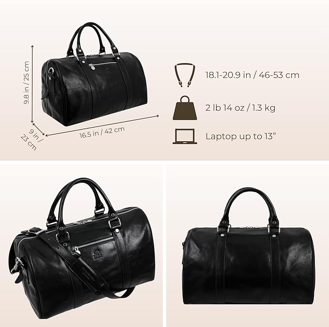 Full Grain Leather Small Duffel Bag Gym Bag Weekender Overnight Unisex Brown - Time Resistance