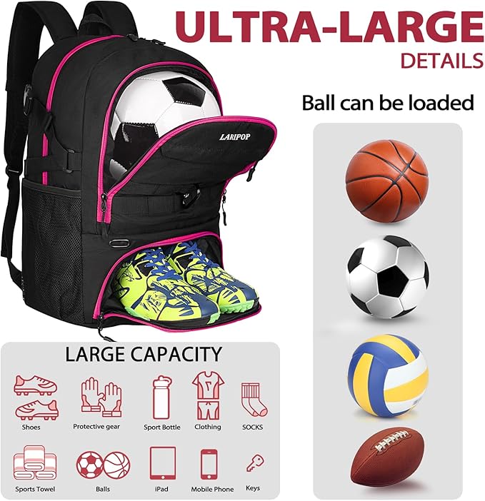 LARIPOP Soccer Backpack,Soccer Bag with Ball Holder and Shoe Compartment,Sports Equipment Training Bags Fits Basketball