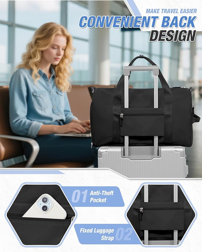 Gym Duffle Bag for Women Carry on Luggage Travel Essentials Airline Approved Personal Item 18x14x8 Inches Lightweight Weekender Sports Travel Duffel Bag with Shoe Compartment Wet Pocket Men Black