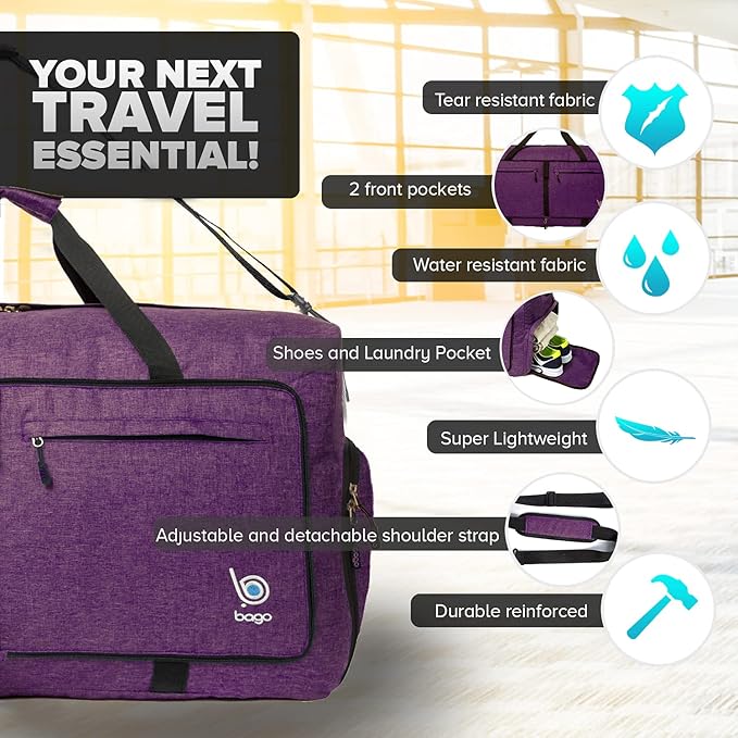 Bago Big XXL Foldable Duffel Bags for Traveling Women & Men - 140L Packable Duffle Bag for Travel with Shoe Compartment - Water Repellant, Heavy Duty, Lightweight Folding & Collapsible (SnowDepPurple)