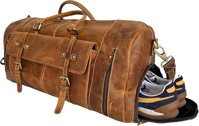 KomalC 24 Inch Leather Duffle Bags for Men and Women Travel Overnight Weekend Bag Sports Gym Duffel for Men (Tan with Shoe pocket)