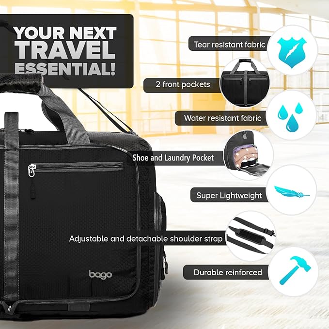 Bago Foldable Duffel Bags for Traveling Women & Men - 40L Sports Packable Duffle Bag for Travel with Shoe Compartment - Water Repellant, Heavy Duty, Lightweight Folding & Collapsible (All Black)