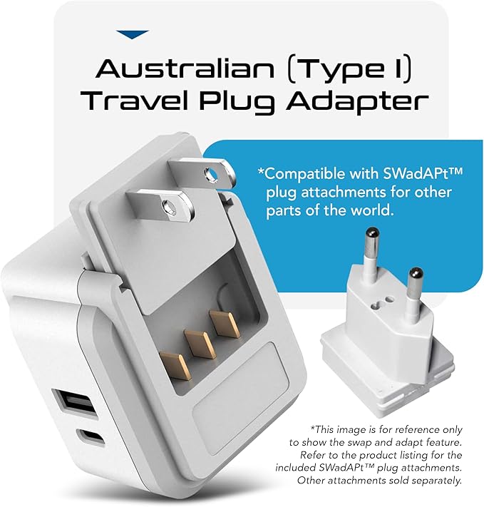 Ceptics Australian Travel Adapter Set, 20W PD & QC, Type I-3.1A - 4 in 1-2 USA Inputs, 1 USB Port, 1 USB-C Port - Australian New Zealand Fiji Argentina, Compact - Adapter Australia-Compatible Plug