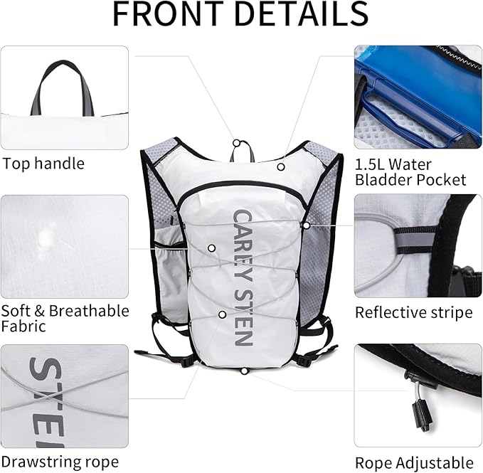 Carey STEN Lightweight Hydration Backpack, Outdoor Running Vest with 1.5L Water Bag, Suitable for Hiking, Cycling, and Both Men's and Women's Carnival wear