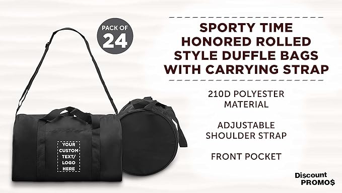 24 Sporty Duffle Bags Set - Customizable Text, Logo - Polyester, Adjustable Strap, Front Pocket, Roll Styling - Black