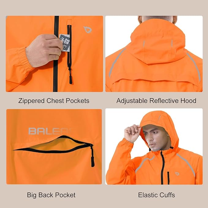 baleaf Men's Rain Jacket Waterproof Windbreaker Raincoat Running Cycling Hiking Gear Hood Lightweight Reflective Packable