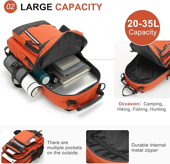 35L Fishing Backpack with Rod Holder, Waterproof Tackle Sling Crossbody Bag with Multi Pocket for Fishing Camping Hunting Hiking, Orange