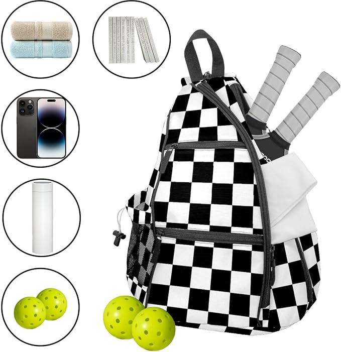 Pickleball Bag Black White Checkered Pickle Ball Backpack for Women Men Premium Lightweight Crossbody Sling Bag Sports Backpack for Pickleball Paddle Tennis
