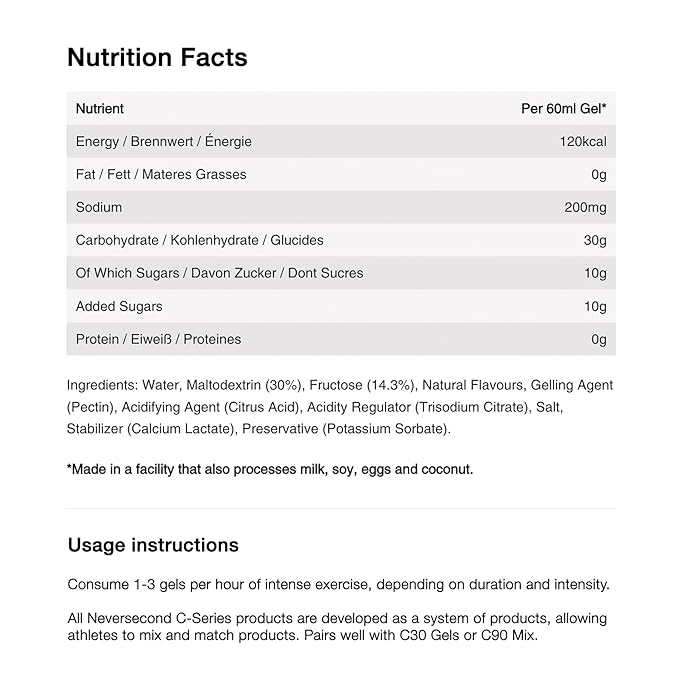 Neversecond C30 Energy Gel, Performance Nutrition & Hydration, Never2 Energy Gel for Ultra Triathlons, Cycling & Marathons (Citrus Flavor, 12-Count Pack)