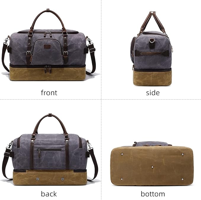 Nerlion Weekender Bag with Shoe Compartment Large Overnight Bag for Men Canvas Genuine Leather Carry on Luggage Bag Travel Duffel Bag(Gray)