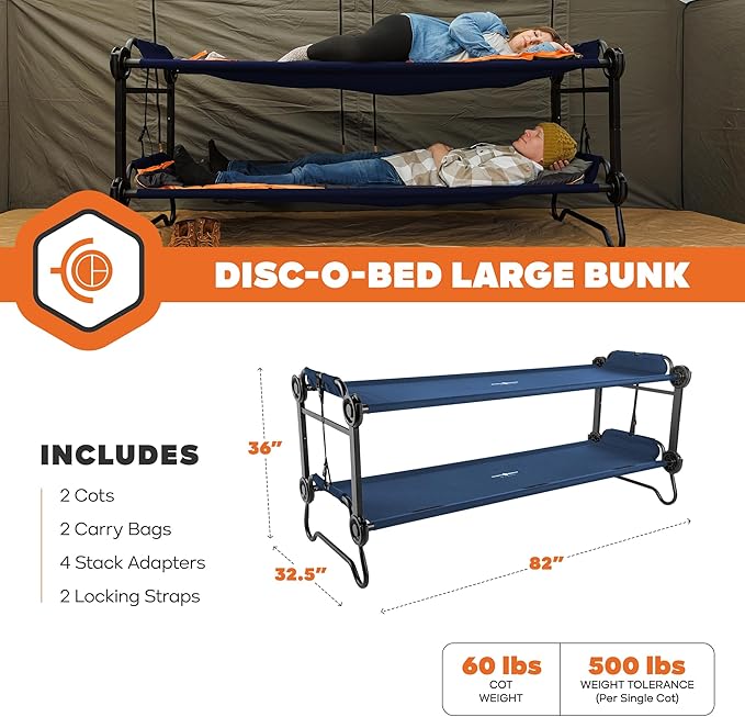 Disc-O-Bed Large Outdoor Convertible 2 Person Bench and Double Camping Cot Portable Bed Bunk System for Adults, Navy