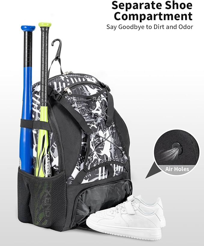 Youth Baseball Bag, Softball Bat Bag for Girls Boys & Adults, Kids Tball Backpack with Shoes Compartment, Large Capacity Equipment Backpack