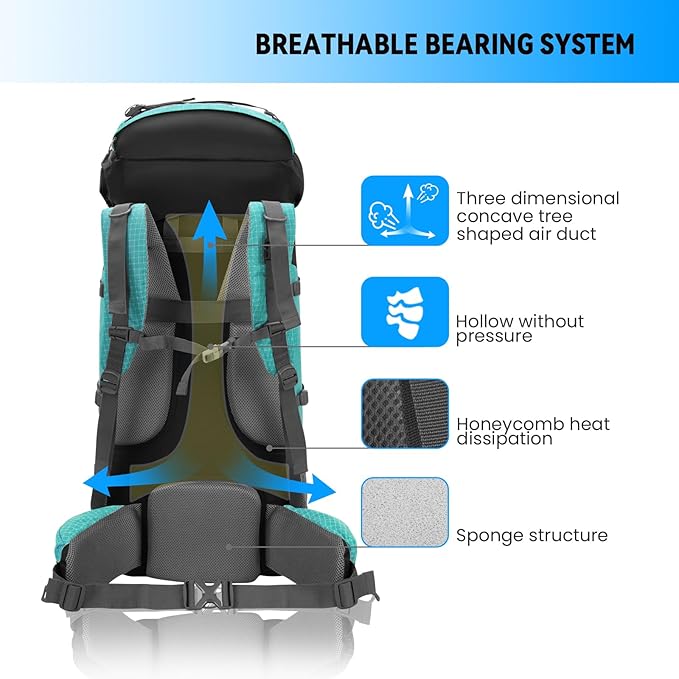 Bseash 80L Waterproof Hiking Camping Backpack with Rain Cover, Lightweight Outdoor Sport Travel Daypack for Climbing Touring (Lake Green)