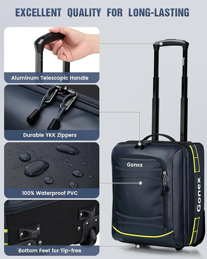 Gonex Waterproof Underseat Carry on Luggage with Wheels, 16 inch PVC Small Wheeled Travel Luggage for Airline, Rolling Overnight Weekender Suitcase for Men Women 30L, Navy Blue