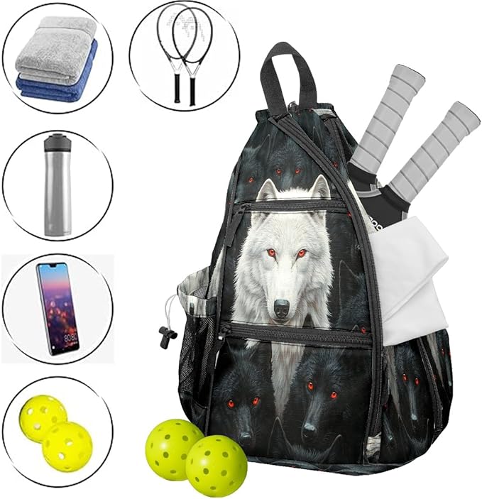 Pickleball Bag Black Wolf Pickle Ball Backpack for Women Men Premium Lightweight Crossbody Sling Bag Sports Backpack for Pickleball Paddle Tennis