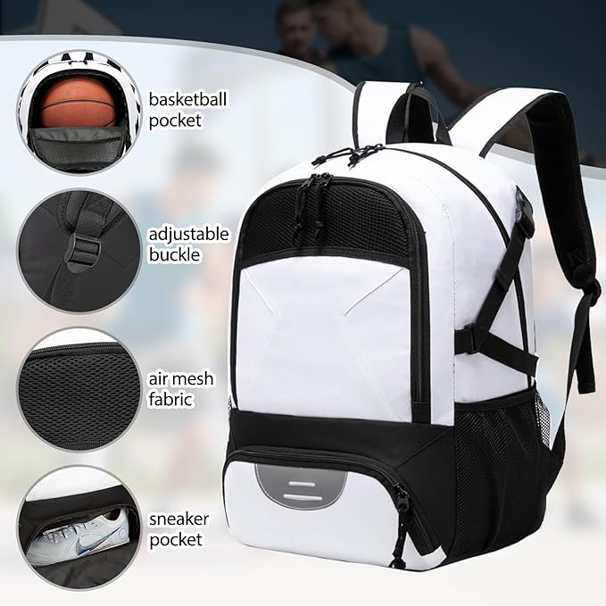 Basketball Backpack - Large Sports Equipment Bag with Ball Holder & Shoe Compartment for Basketball. (white)